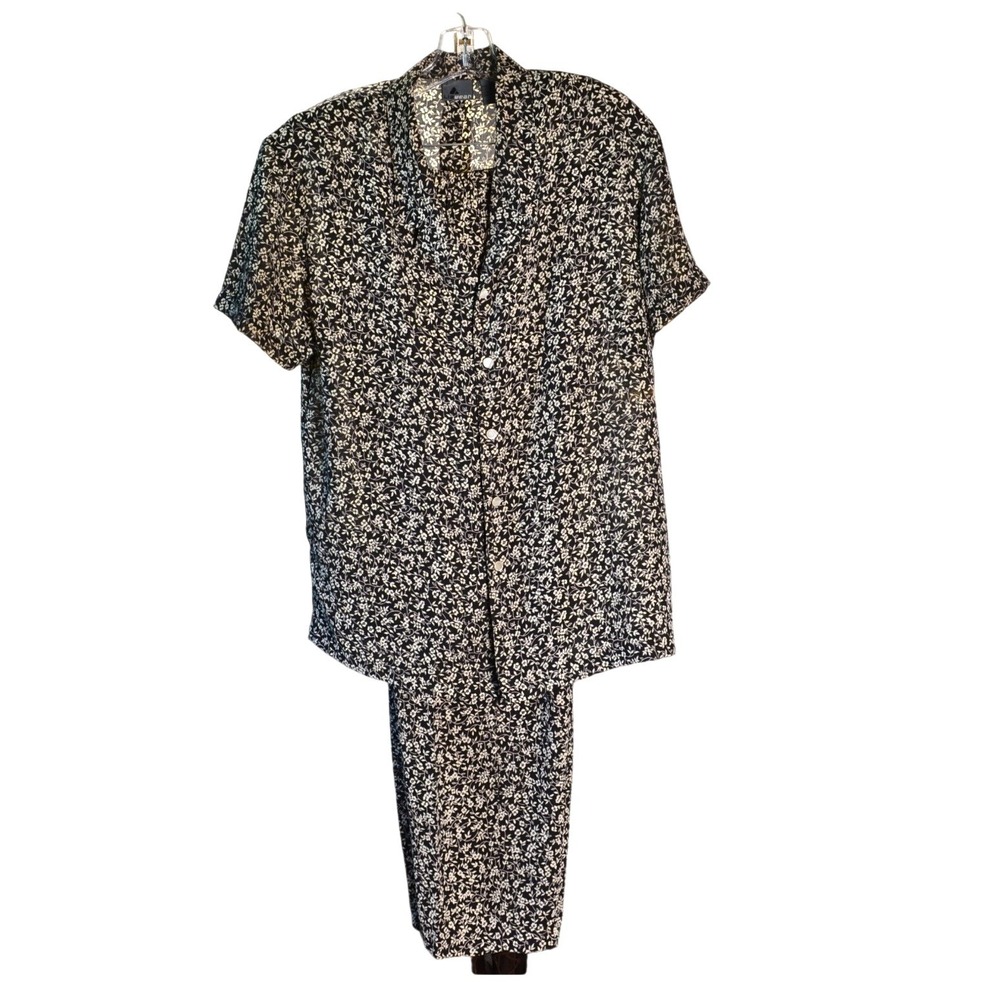 Vintage Lizwear Floral 2 Piece Set Black Ivory Floral‎ Button Front Medium
